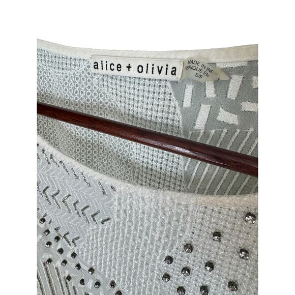 ALICE + OLIVIA Embellished Mesh Blouse White Silver Beaded Sheer Sz Small Bride - Picture 3 of 10